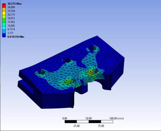 Finite element mesh and result contour for the brake caliper mount
